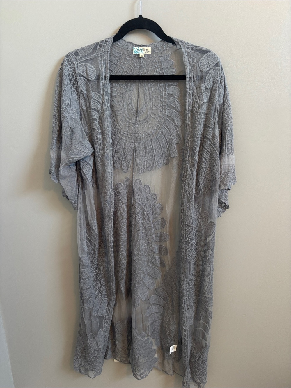 Rebellion Sheer Gray Embroidered Lace Kimono/cover up